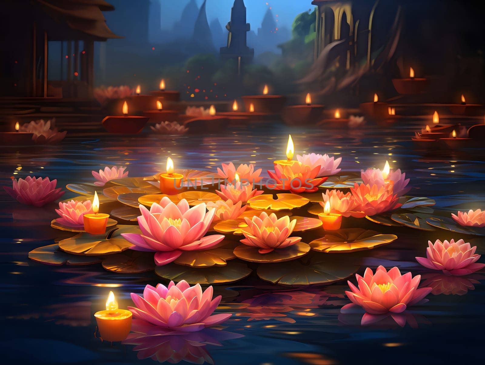 Floating candles illuminating water lily pads at night with a serene and tranquil atmosphere.