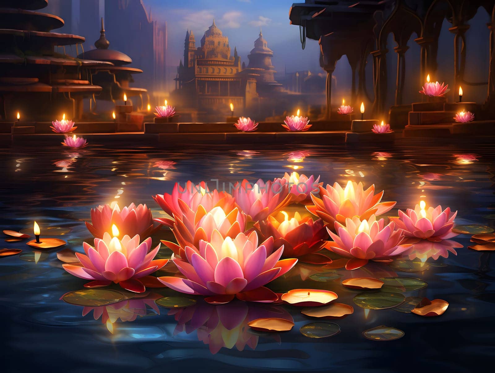 A serene digital illustration of lotus flowers floating in a tranquil pond surrounded by a dimly lit city with glowing candles. The water reflects the cityscape and the flowers casting a magical glow.