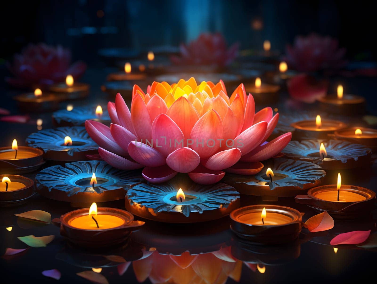 A pink lotus flower blooms in the center of a pool of water, surrounded by candles. The soft light of the candles creates a peaceful and serene atmosphere.