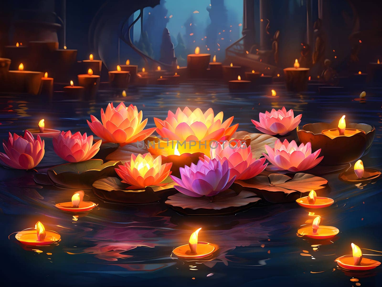 A mesmerizing scene of pink lotus flowers gracefully floating on a serene pond, bathed in the warm glow of candles. The soft lighting creates a tranquil atmosphere, evoking a sense of peace and wonder.