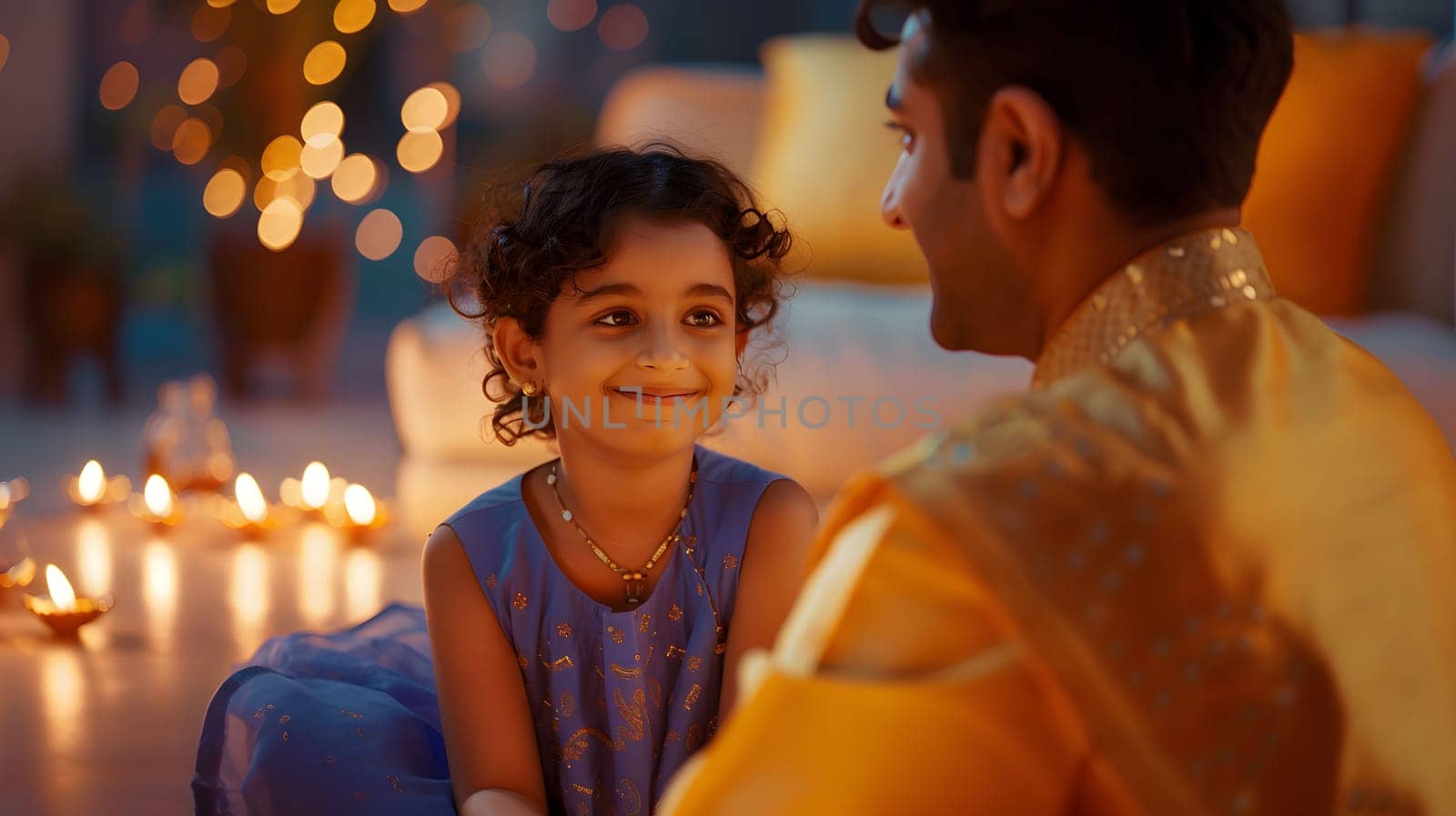 A father and his daughter celebrate Diwali, the festival of lights, with a warm and loving atmosphere. The candles and decorations create a festive ambiance, reflecting the joy of the occasion.