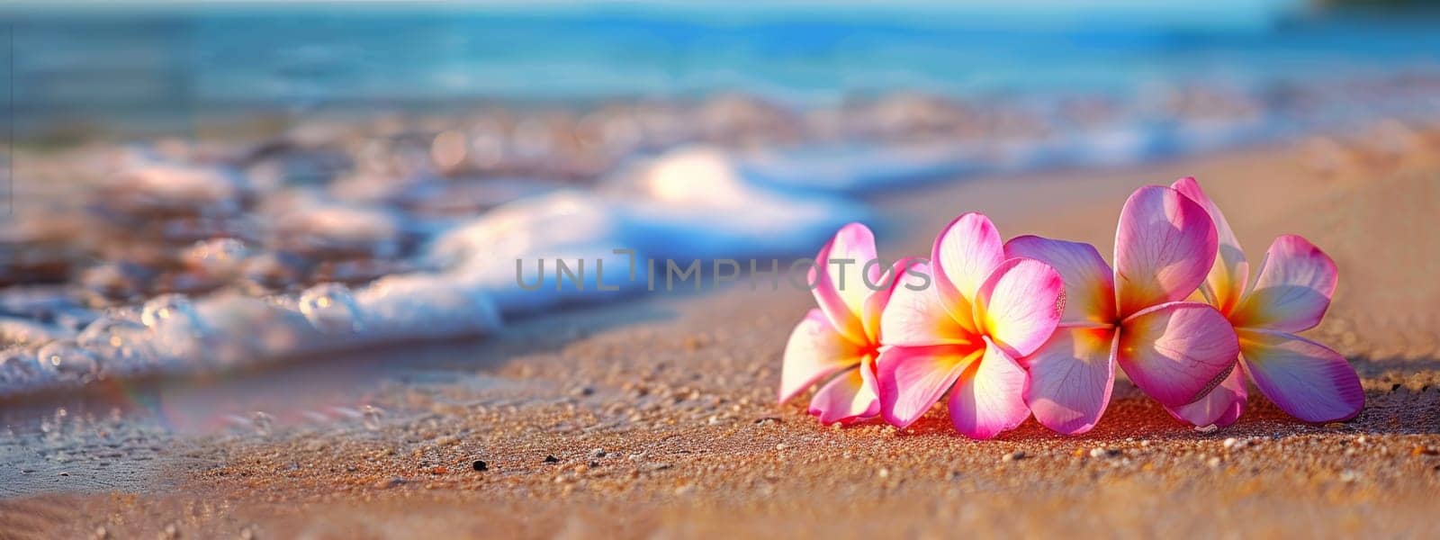 Plumeria flowers on the beach on the sand. selective focus. Generative AI, holidays