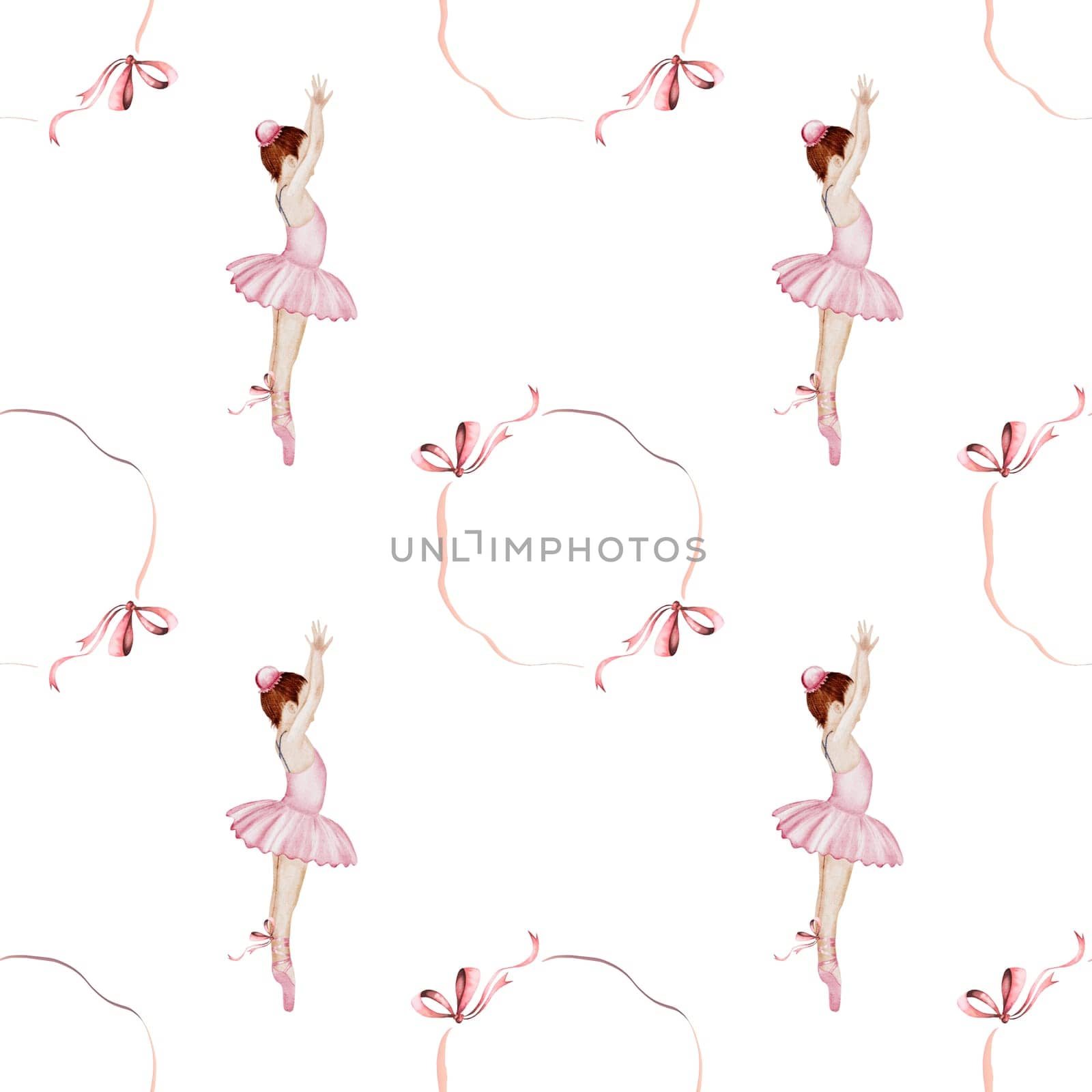Ballerina watercolor pattern. Hand drawn seamless incredible girl dancer in pink tutu skirt with vintage bows. Clip art on isolated white background of cute ballet beauty.Ideal for baby textiles