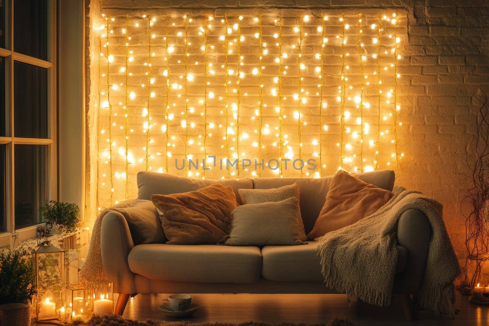 Traditional festive interior of the apartment. Evening light from garlands. High quality photo