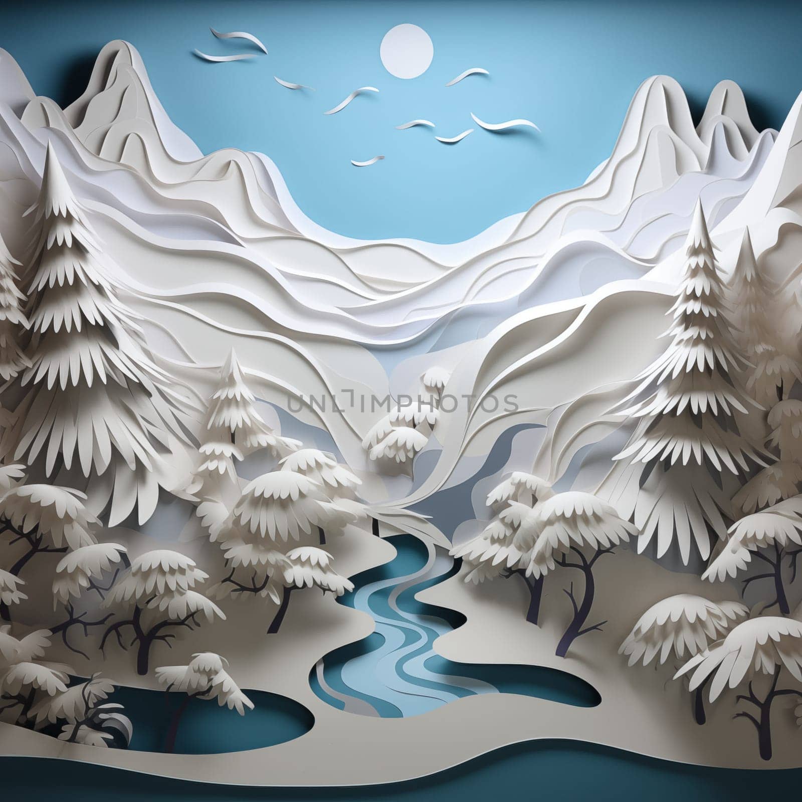 Graphic image of mountains, forests and river in winter. High quality photo