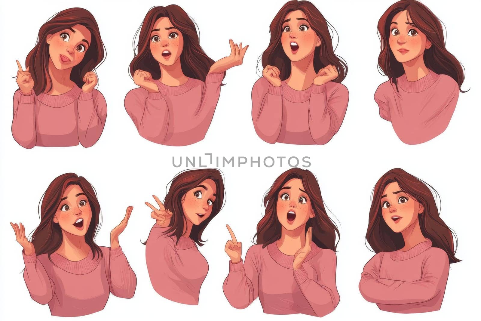 Set of images, beautiful woman with brown hair, wearing pink sweater, making different gestures and facial expressions, isolated on white background. High quality photo