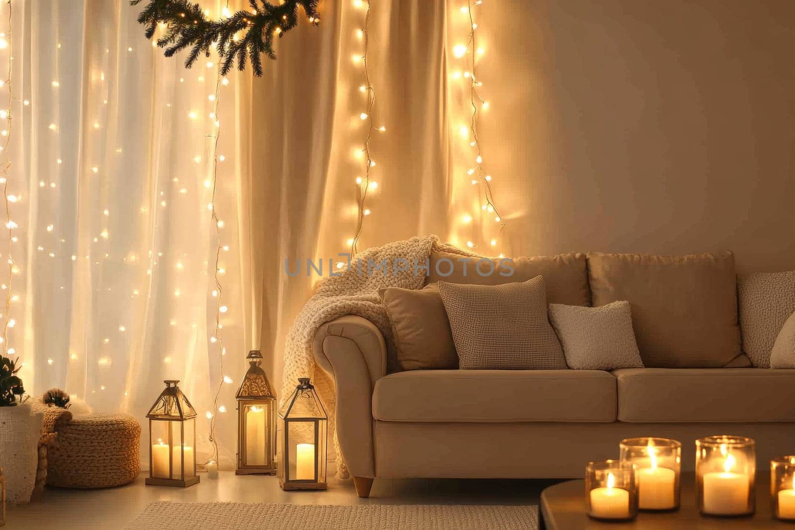 Traditional festive interior of the apartment. Evening light from garlands. High quality photo