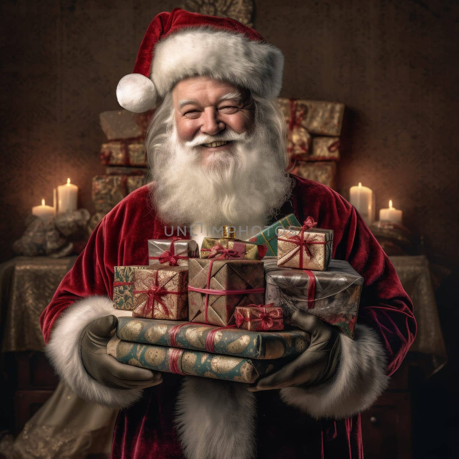 Cheerful santa claus with a gift in his hands.