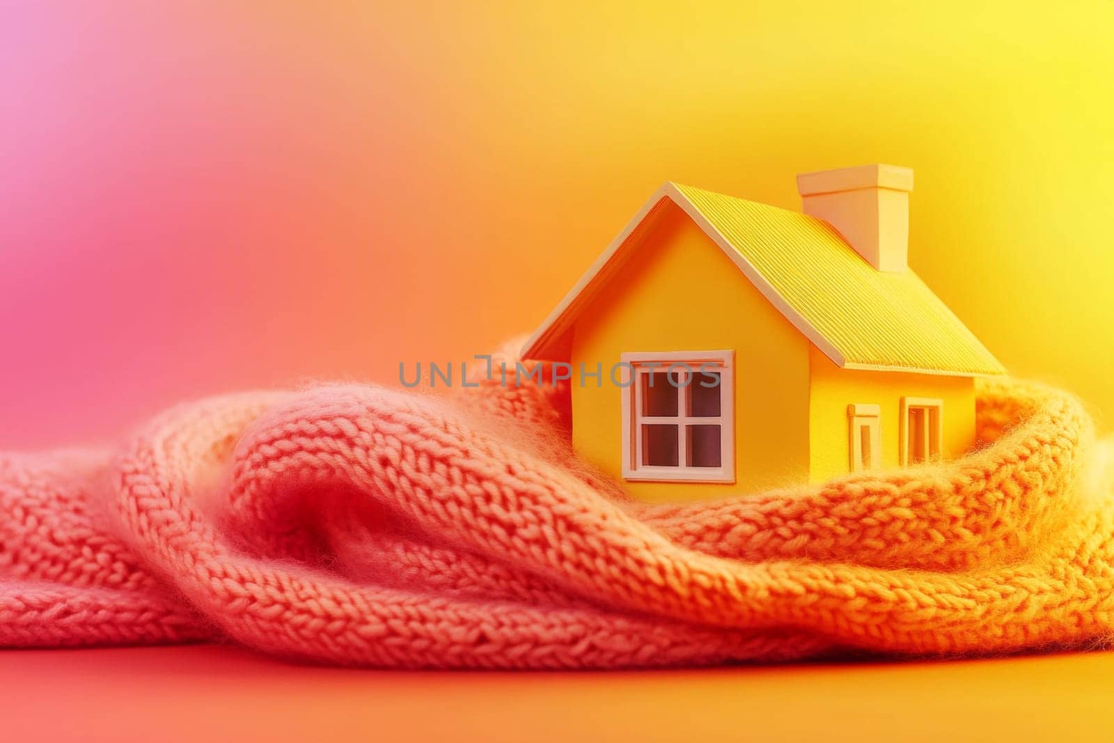 Cozy, flat toy house on isolated background. House is covered with cute woolen scarf in cold season. High quality photo