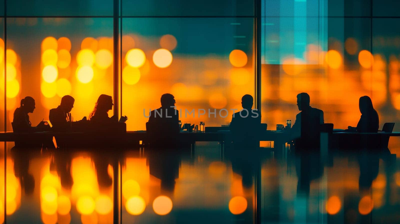 The meeting hall is illuminated by the rays of the setting sun. Colleagues are holding a meeting. High quality photo