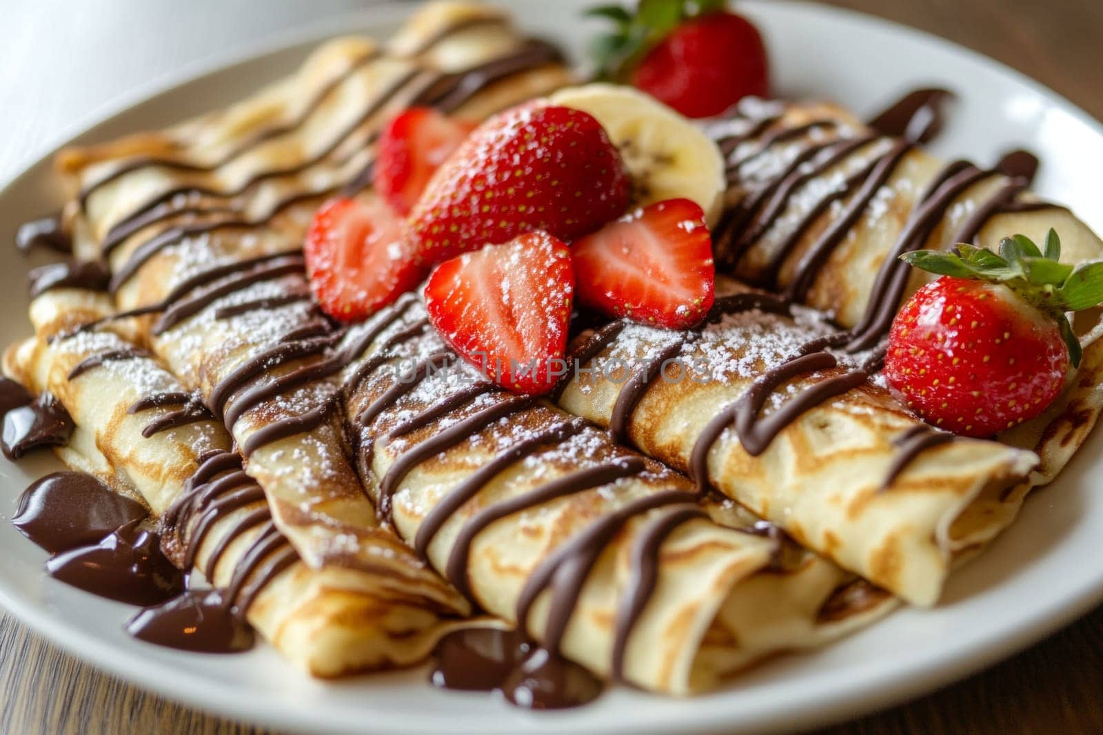 Hot appetizing pancakes on a plate, decorated with chocolate and slices of strawberry and banana. High quality photo