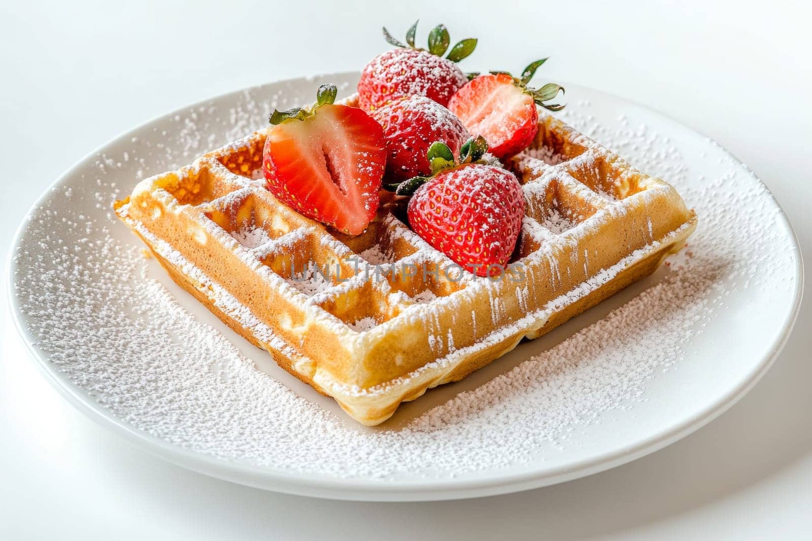 Hot fresh Belgian waffles are prepared for breakfast. The waffles are decorated with strawberries and powdered sugar. High quality photo
