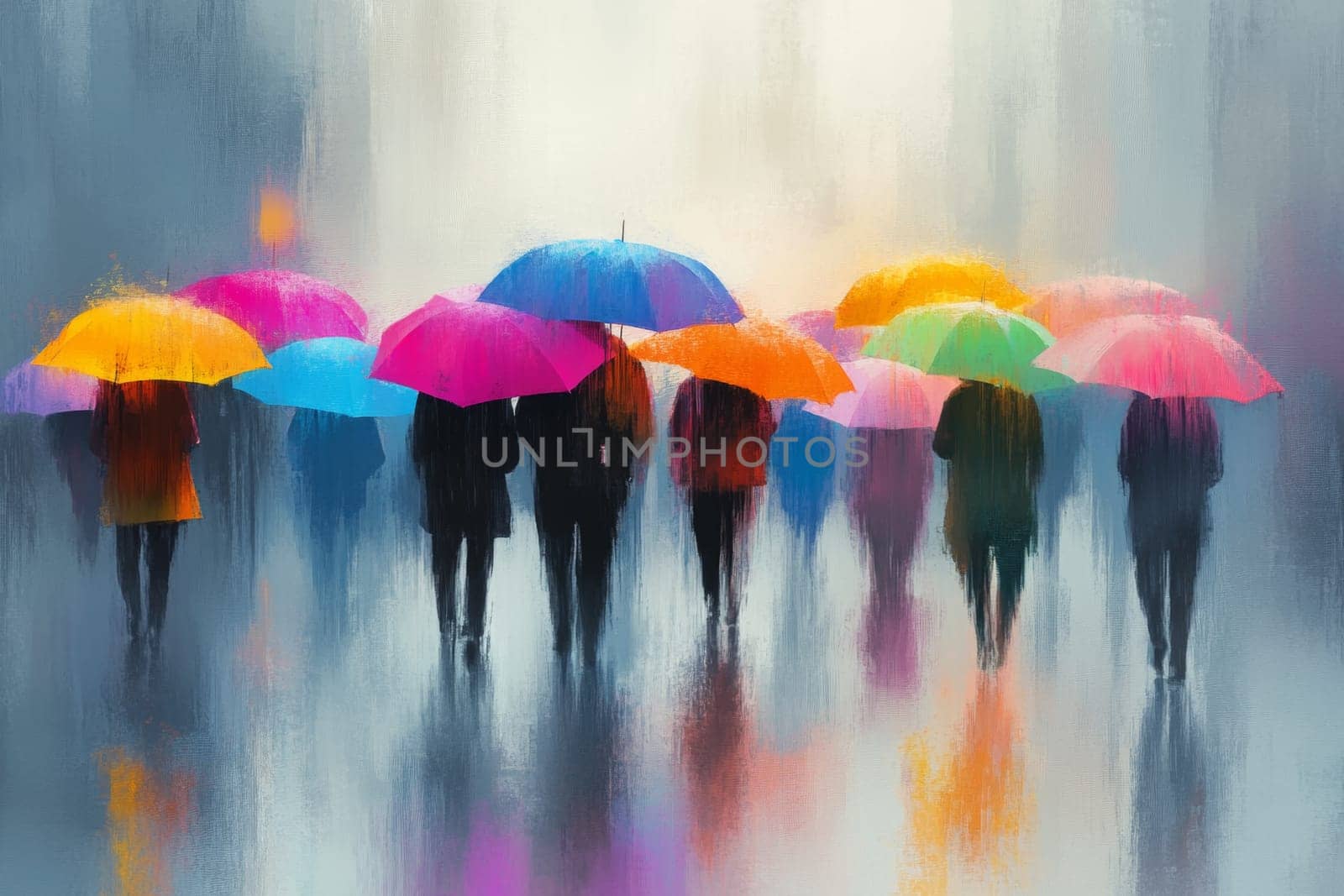 Many people walk in the rain in the city. Multi-colored umbrellas protect people from the pouring rain during rush hour. High quality photo