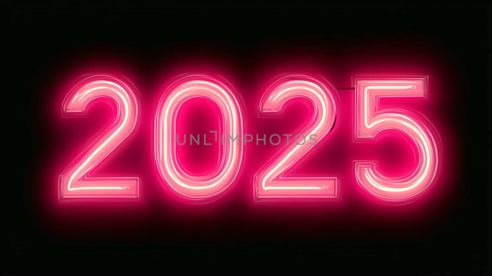 Neon sign glowing pink in dark night, showing 2025. Perfect for new year celebrations, trendy and modern design symbolizing future. Countdown to festive season