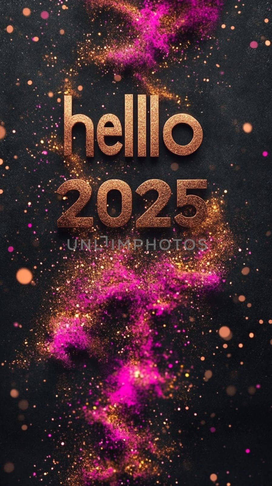 Hello 2025 in gold letters is surrounded by pink and gold glitter on a black background. Perfect for a greeting card or social media post