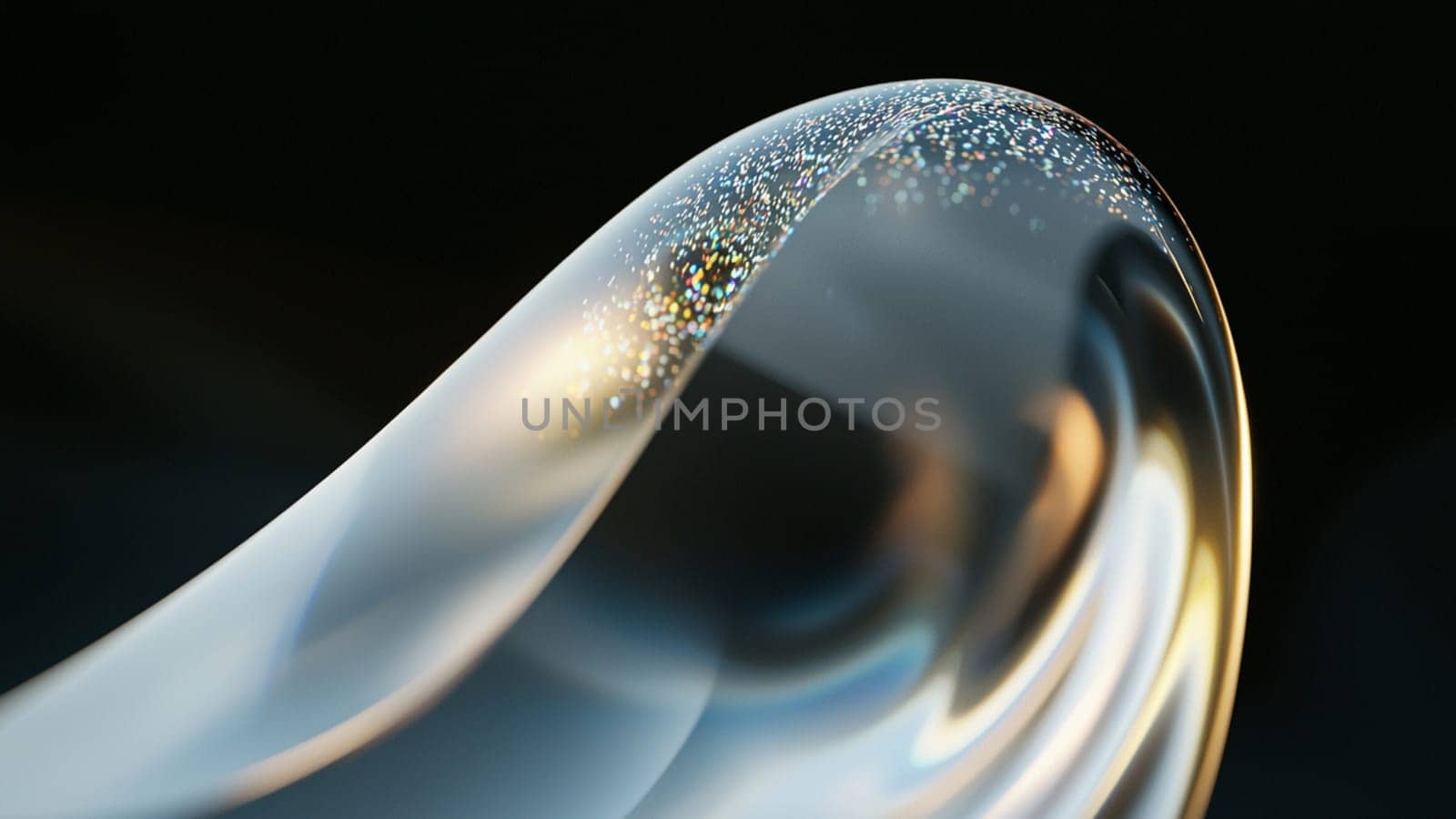 Modern. Elegant. And futuristic abstract macro photo of a transparent curved shape filled with glitter reflecting warm light on a dark background