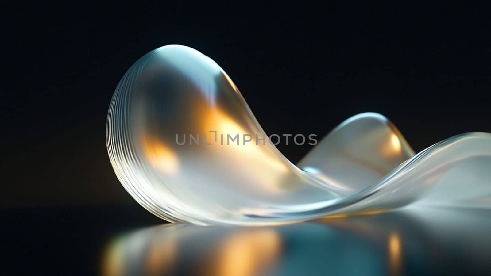 Luminous, abstract form with a smooth, flowing surface is reflecting warm, golden light against a dark background. The organic shape suggests a sense of movement and fluidity