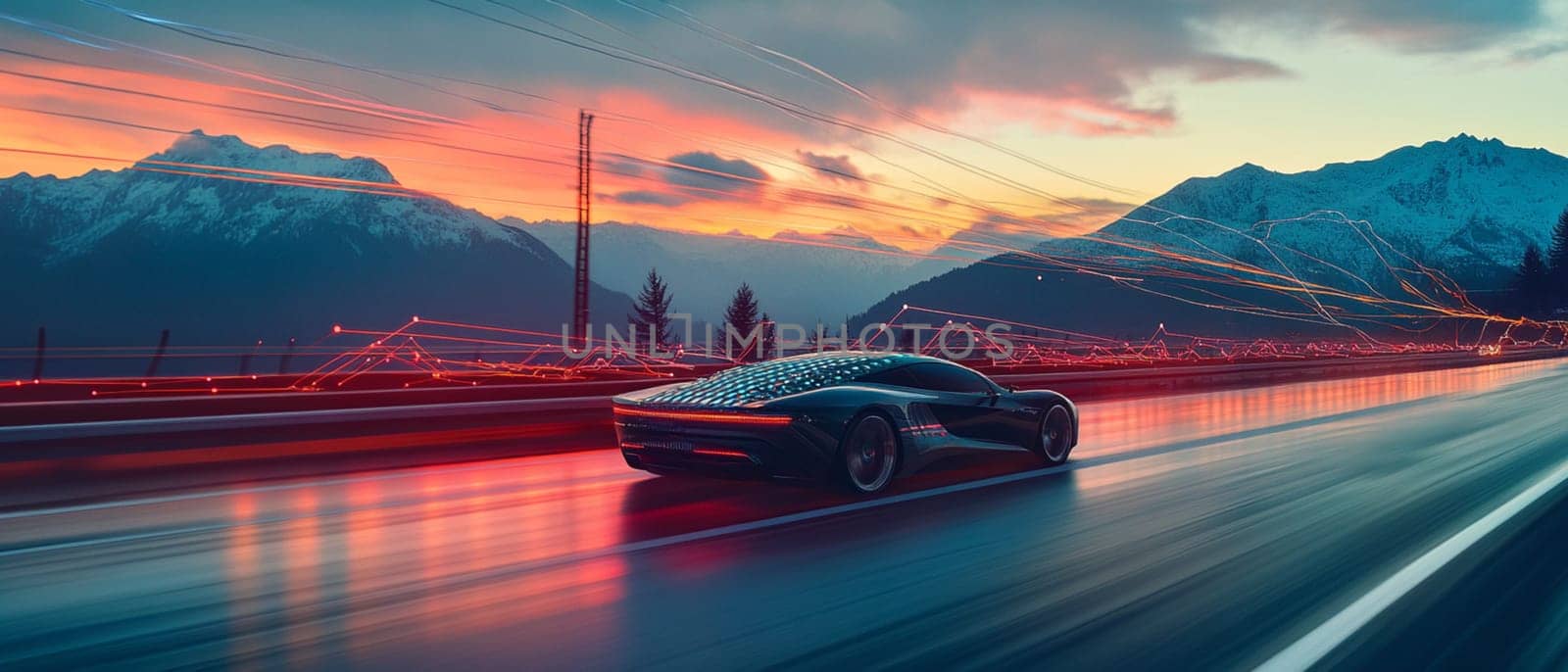 Futuristic autonomous car is speeding on a highway in the mountains with motion blur light trails behind it at sunset