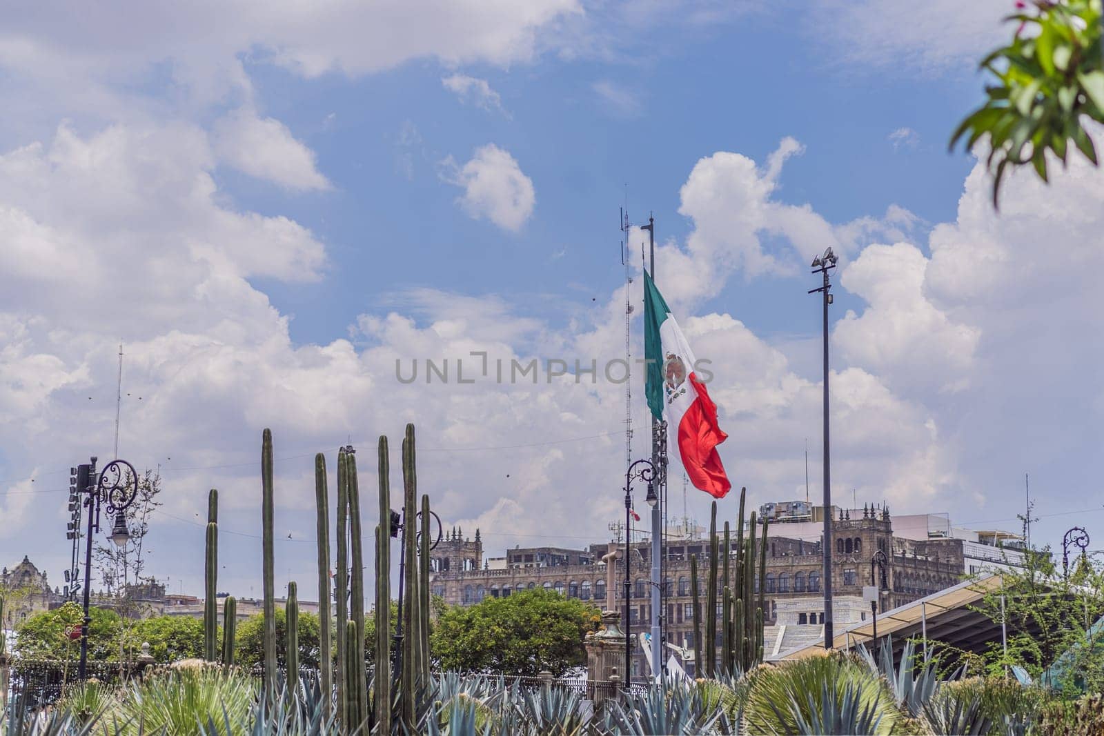 Mexican flag in the central square of Mexico City, Zocalo. National pride, cultural heritage, and iconic landmark concept.