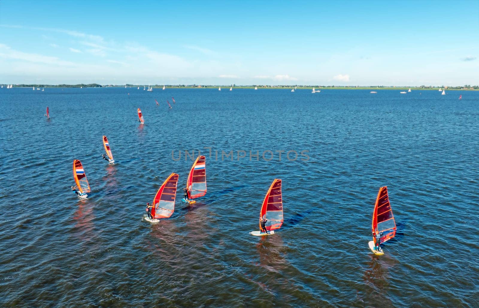 Aerial from wind foiling on the Heeger Meer in Friesland The Netherlands