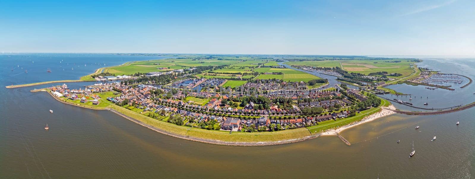 Aerial panorama from the historical city Stavoren at the IJsselmeer in the Netherlands