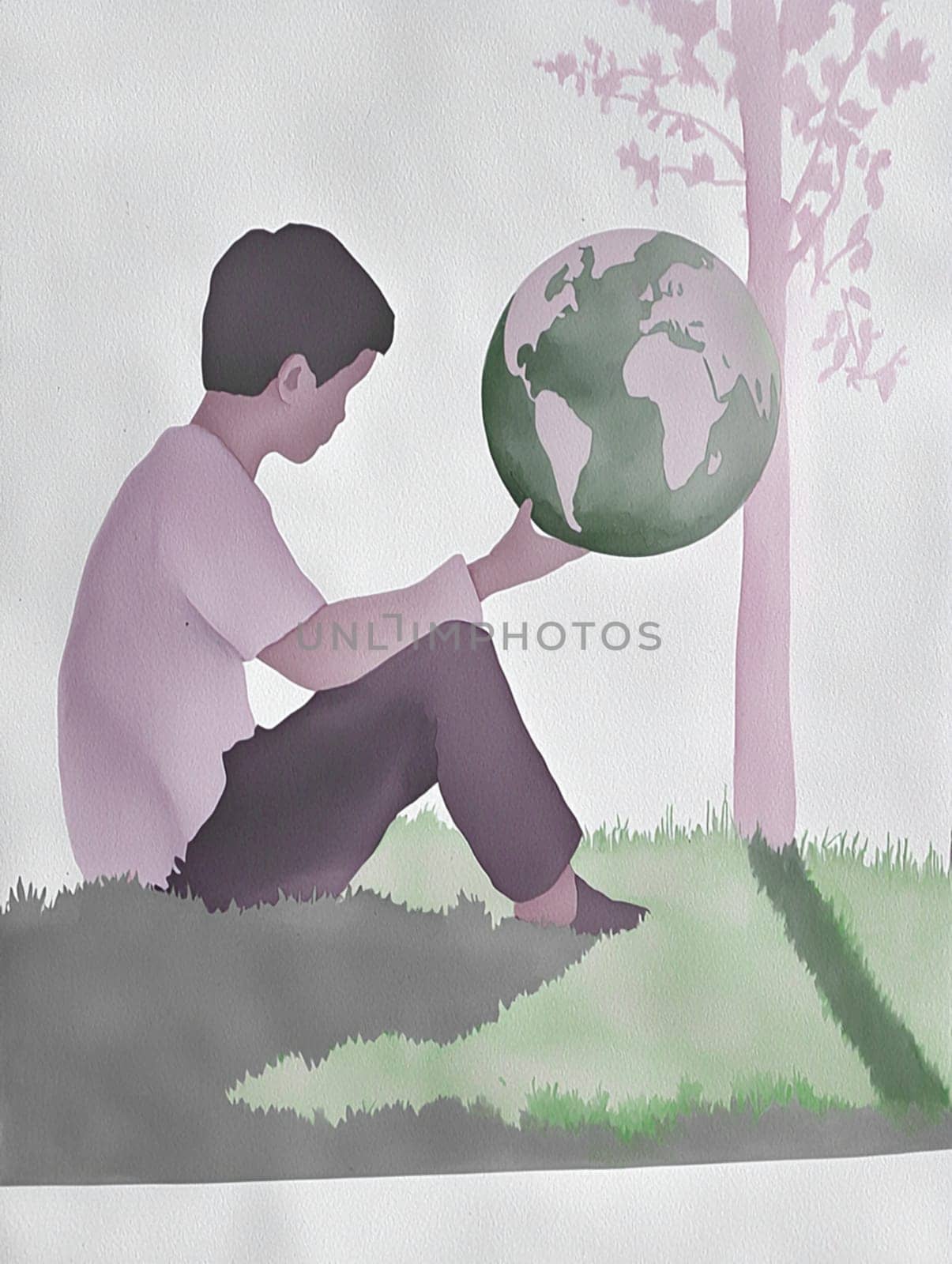 Boy sits under a tree holding a globe, showing care for the environment and promoting sustainability