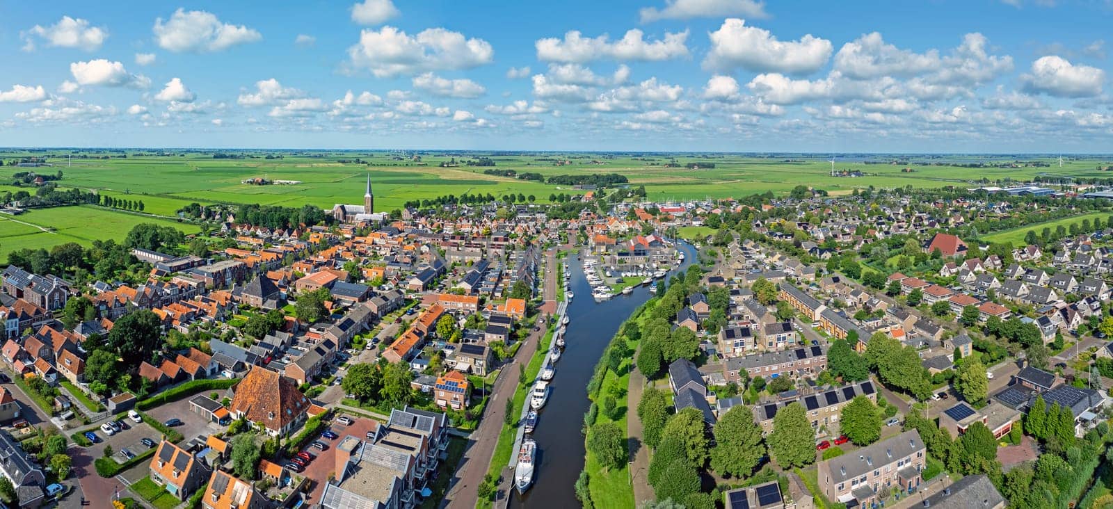 Aerial panorama from the historical town Workum in Friesland the Netherlands