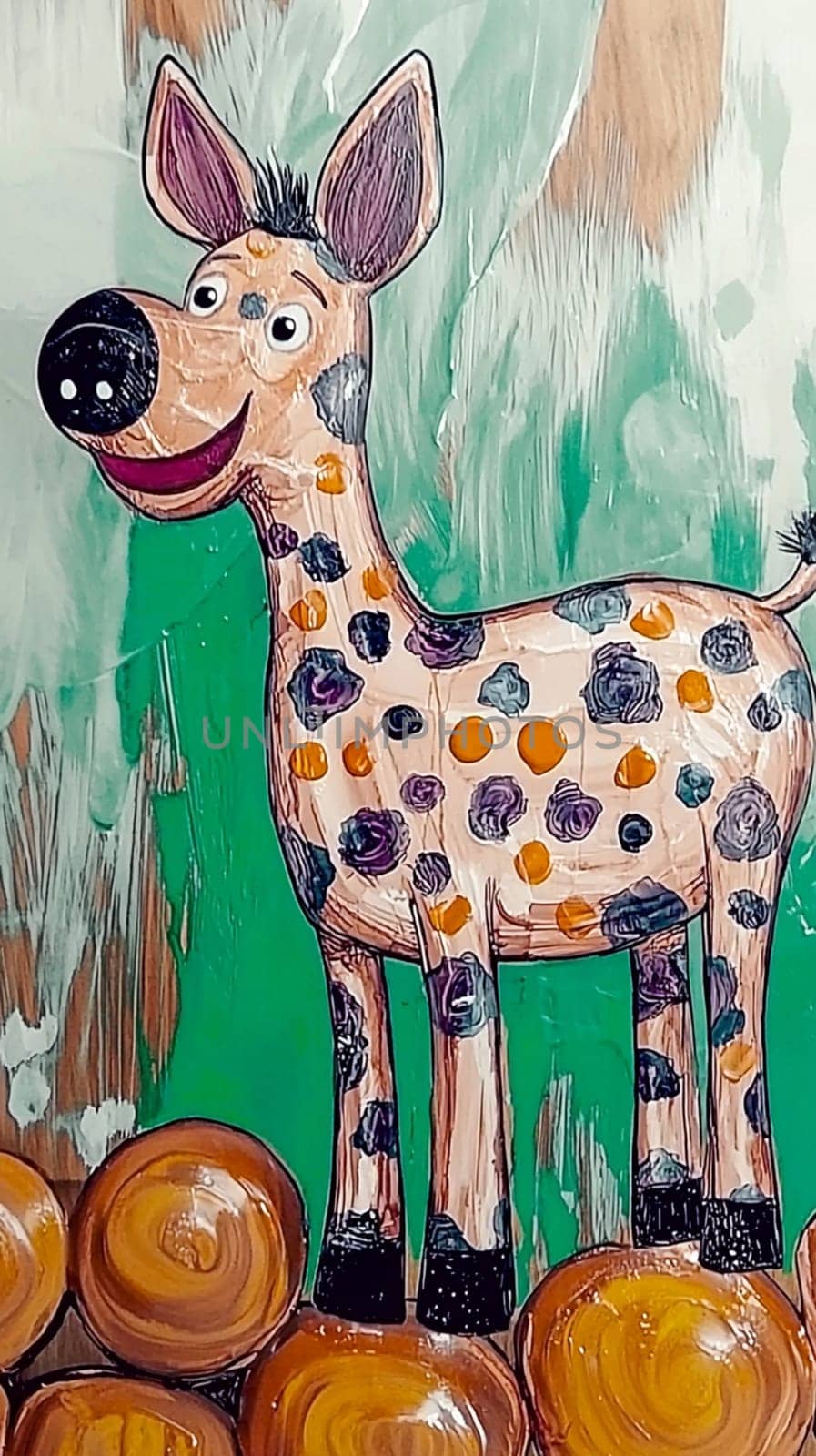 Smiling giraffe stands on logs in a jungle, perfect for kids' books and wall art
