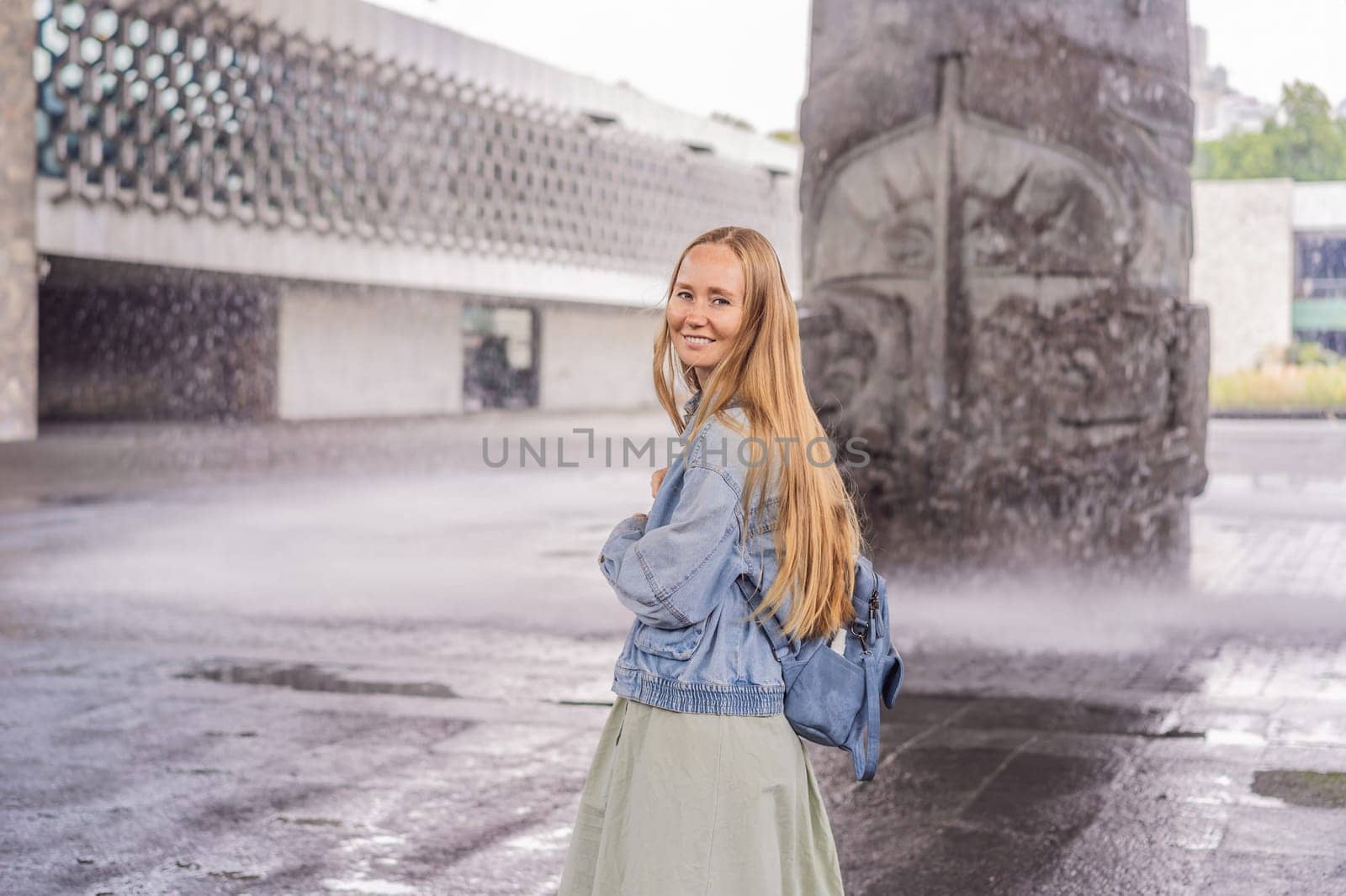 Female tourist exploring the National Museum of Anthropology in Mexico City. Cultural heritage and historical exploration concept.