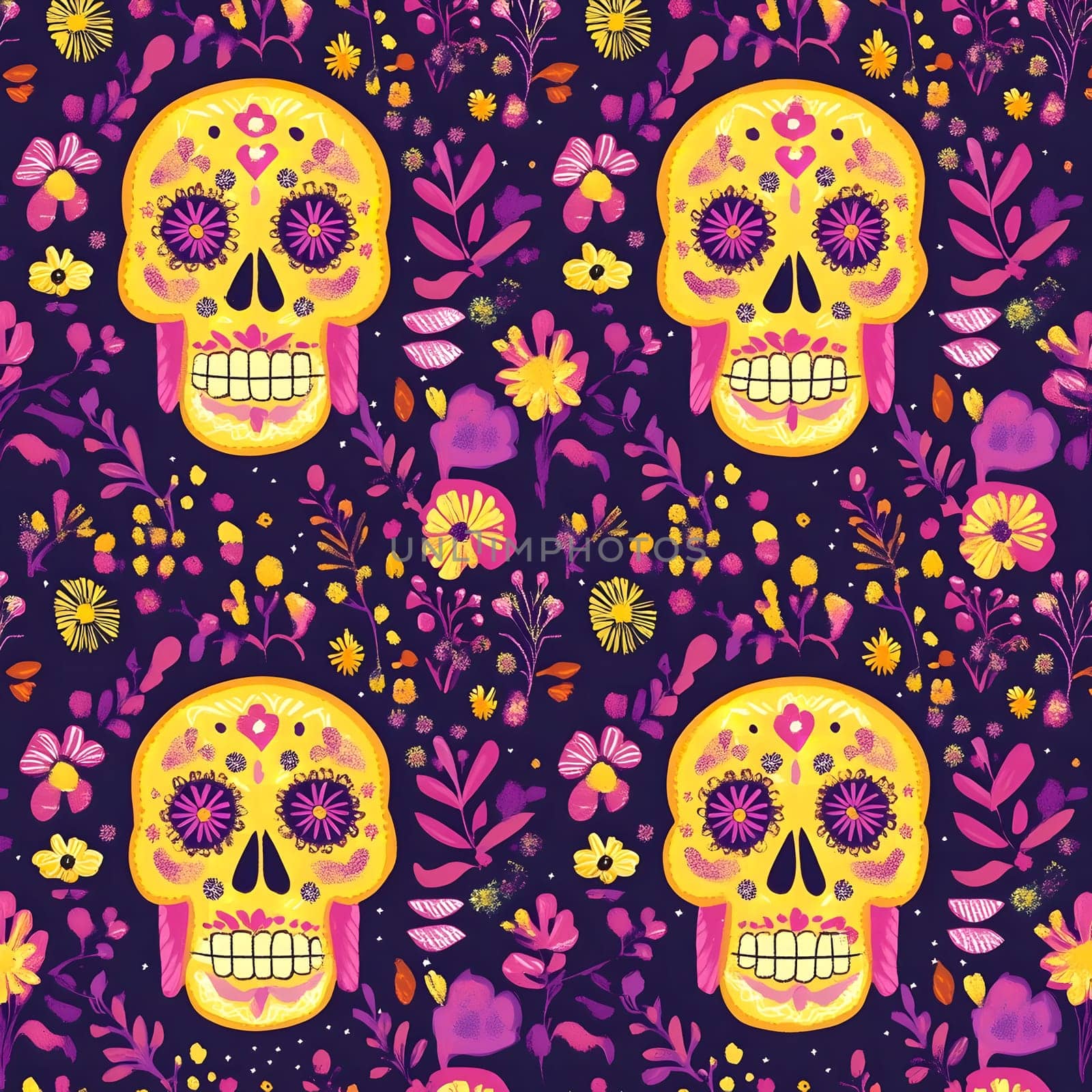 A colorful and vibrant pattern featuring sugar skulls surrounded by floral elements, celebrating the Day of the Dead.