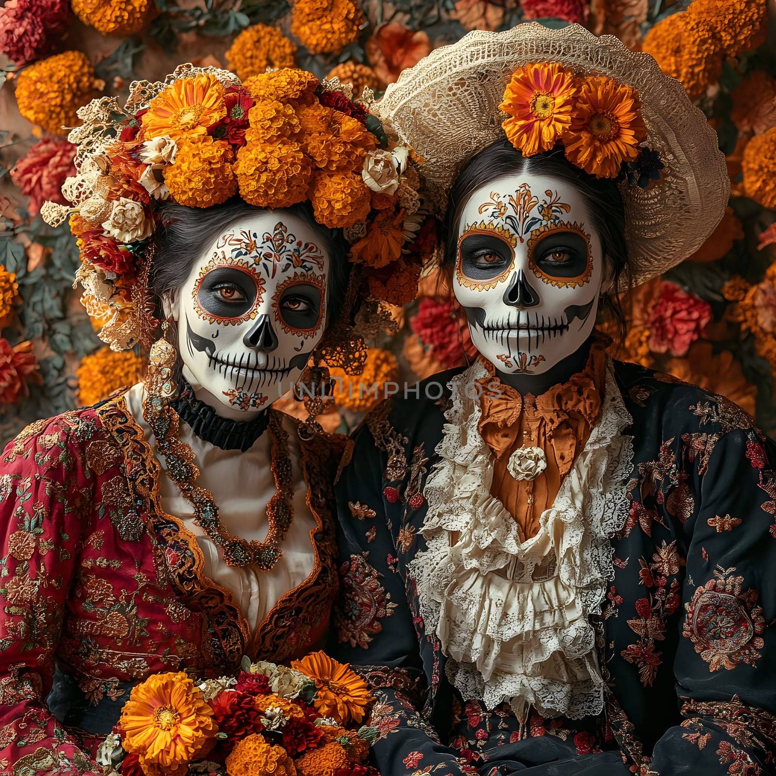 Two women dressed in traditional Day of the Dead costumes with elaborate sugar skull makeup