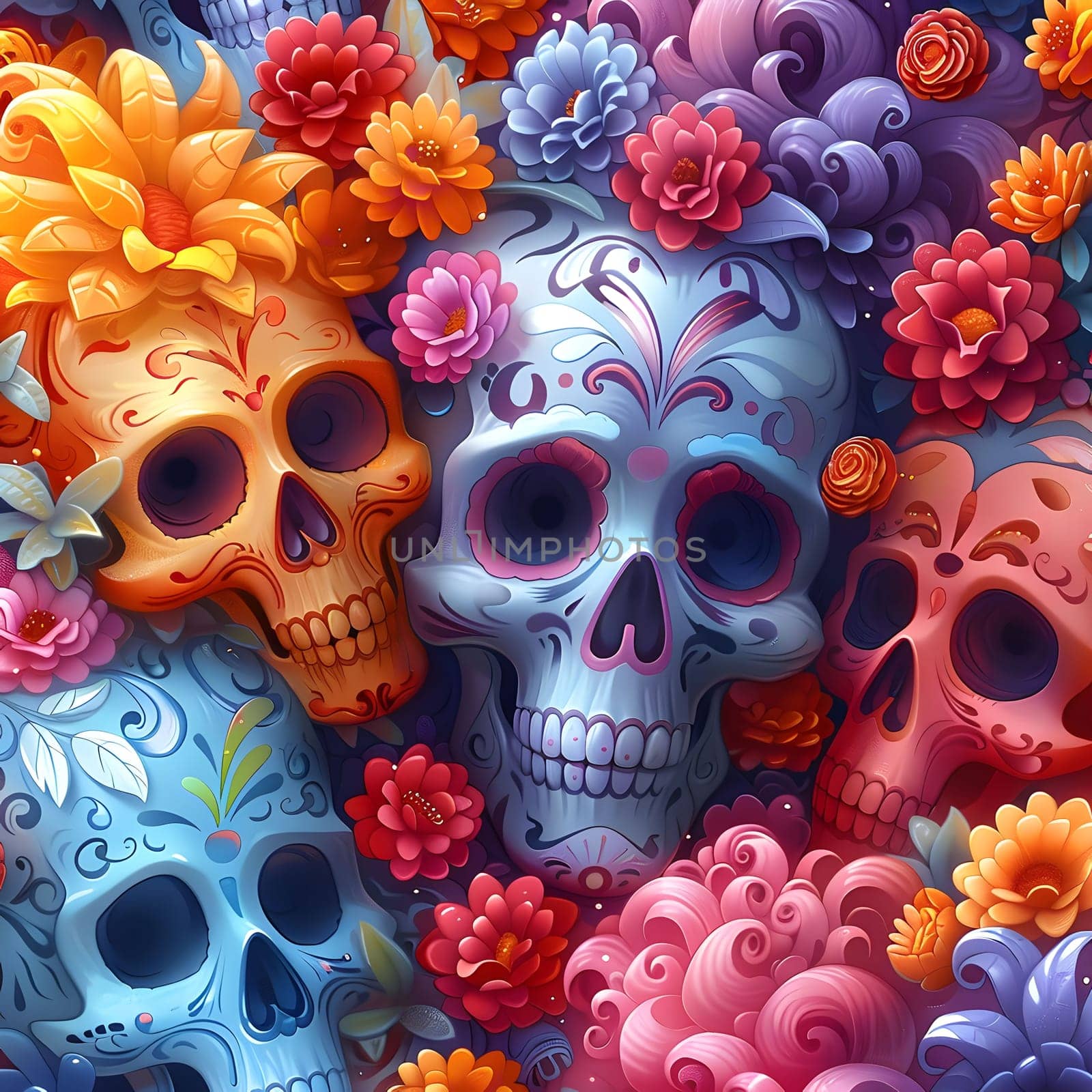 Colorful sugar skulls with floral decorations, vibrant illustration, digital art, day of the dead theme, Mexican culture.