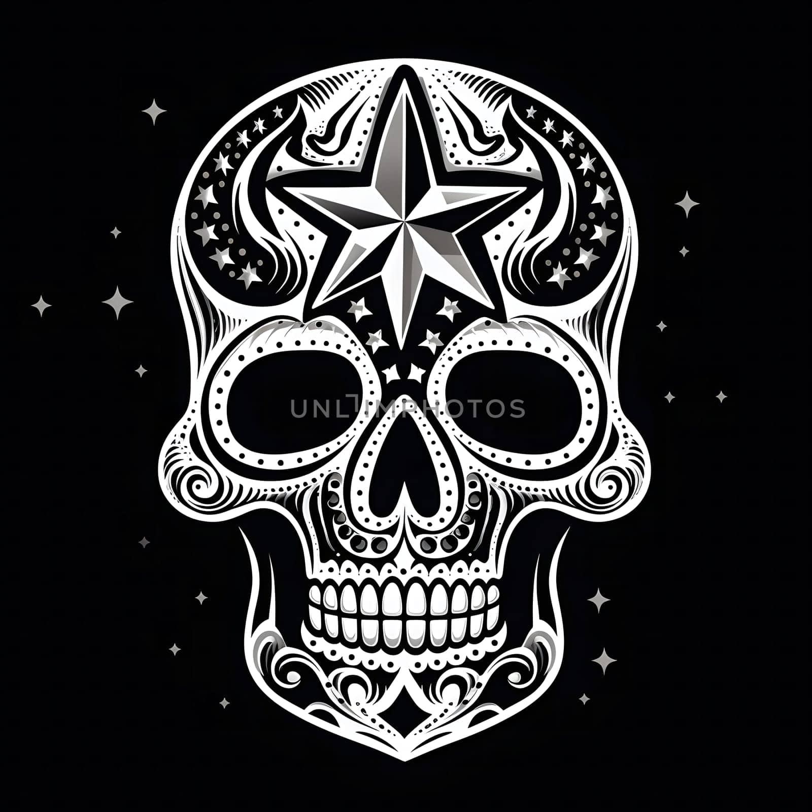 A white sugar skull design on a black background, with a star on top.