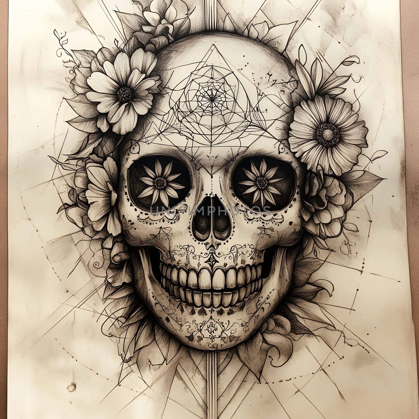 Detailed drawing of a sugar skull adorned with a floral wreath. The skull is surrounded by geometric shapes and lines, creating an intricate and elegant design.