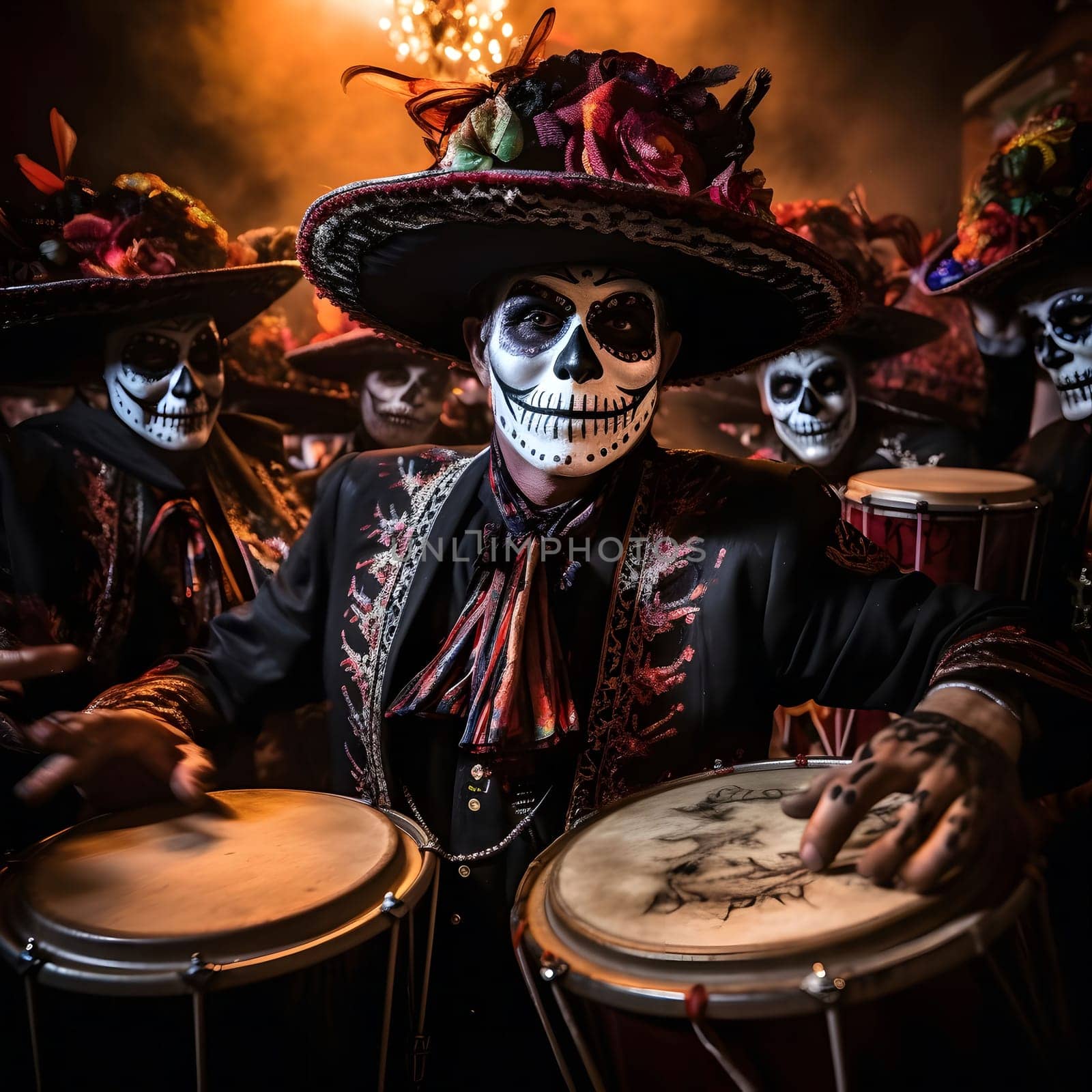 A group of people in Day of the Dead costumes play drums, celebrating the holiday.