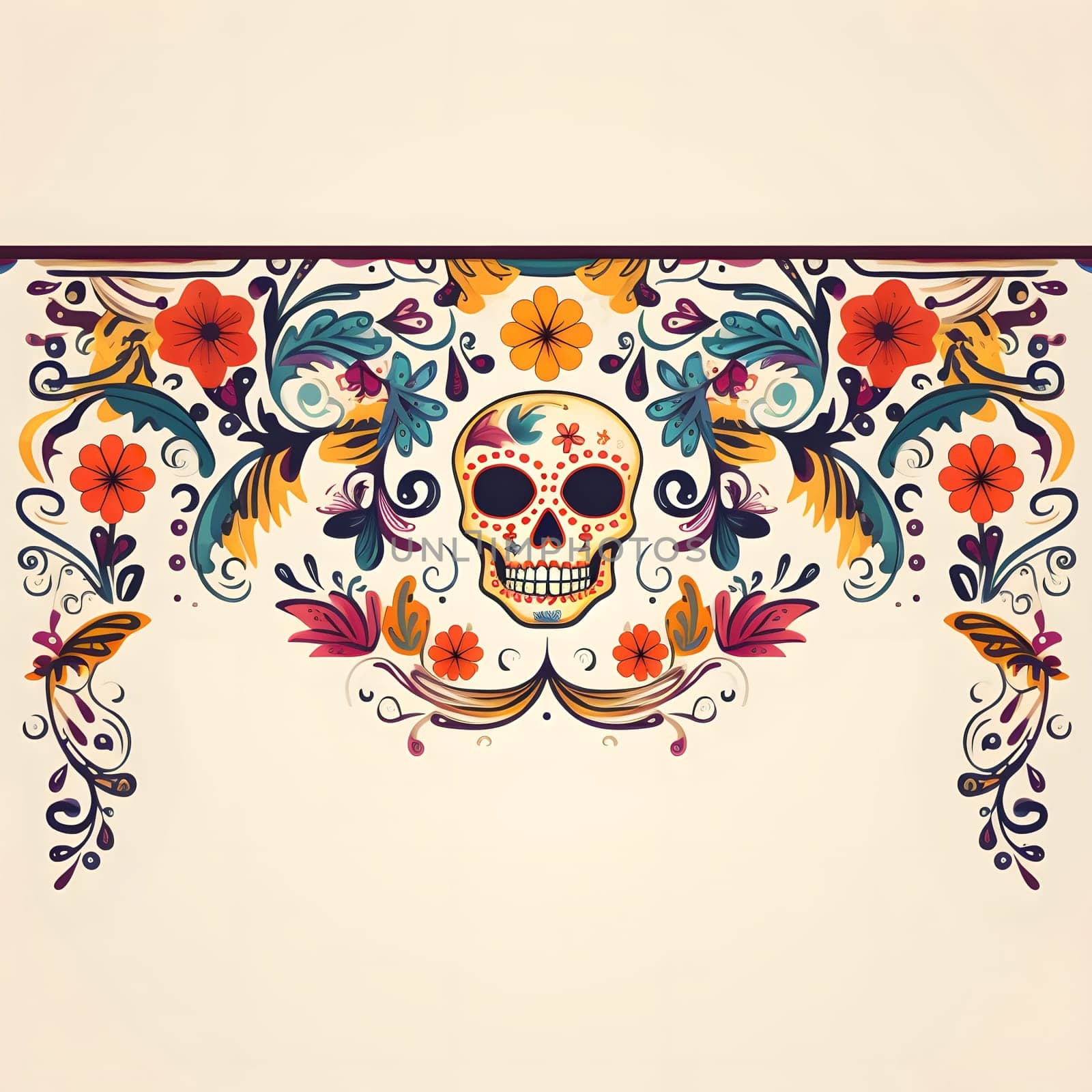 A colorful and intricate floral design featuring a sugar skull, perfect for Day of the Dead celebrations and decorations.