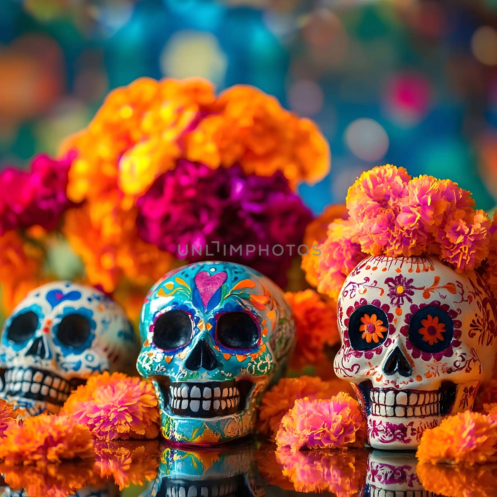Three sugar skulls decorated with traditional Day of the Dead patterns. The skulls are surrounded by marigolds, symbolizing the connection between the living and the dead.