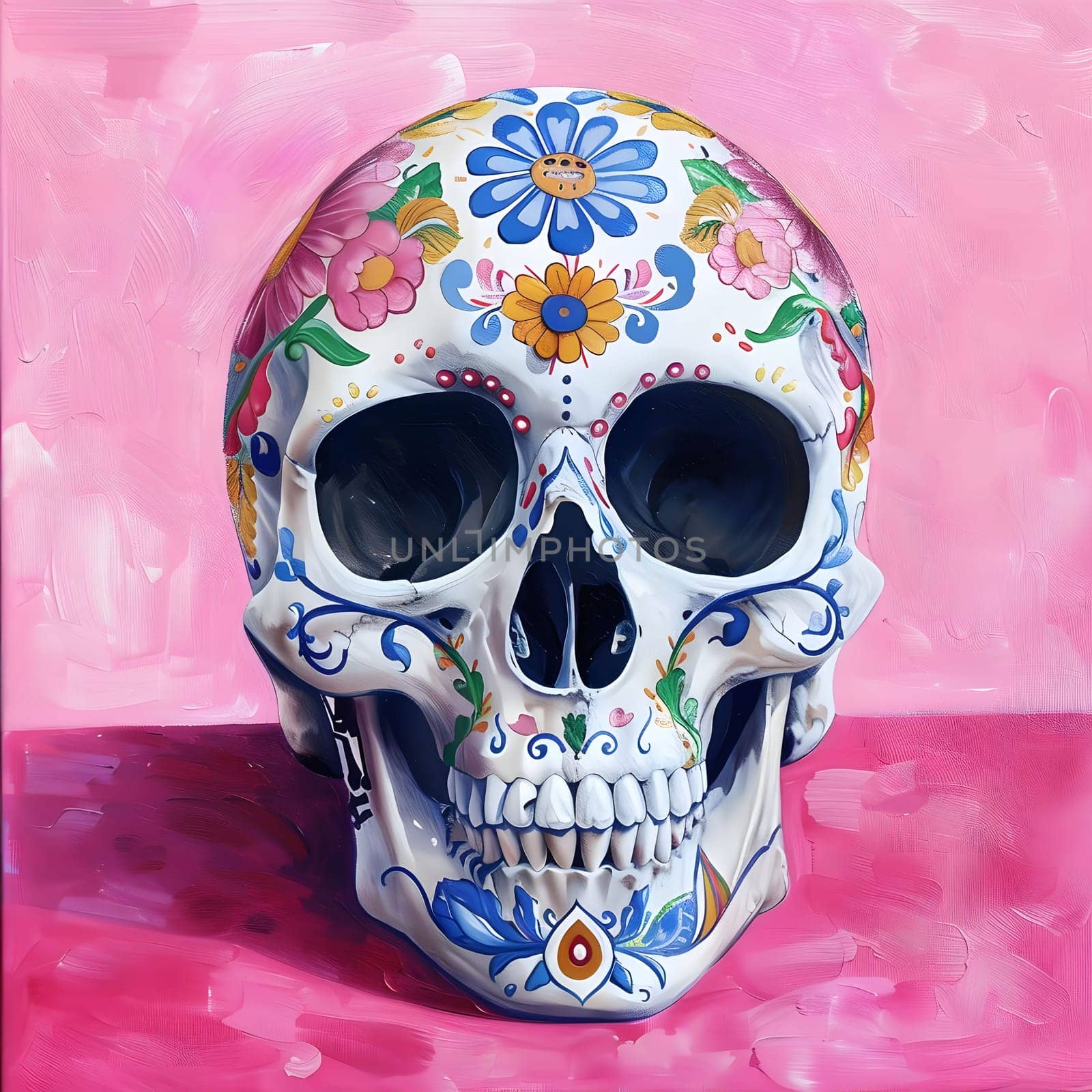 A close-up of a sugar skull with intricate floral designs painted on it. The skull is set against a pink background.