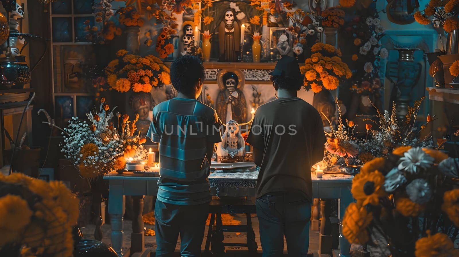 Two people praying in front of a traditional Day of the Dead altar decorated with flowers, candles, and skulls.