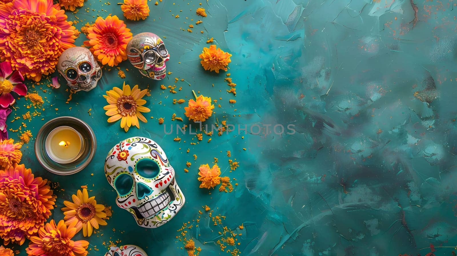 A Day of the Dead decoration with a sugar skull, flowers, and a candle.