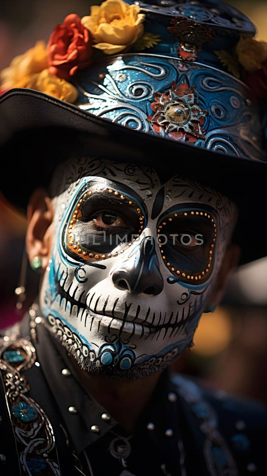 A close up portrait of a person with Day of the Dead makeup.