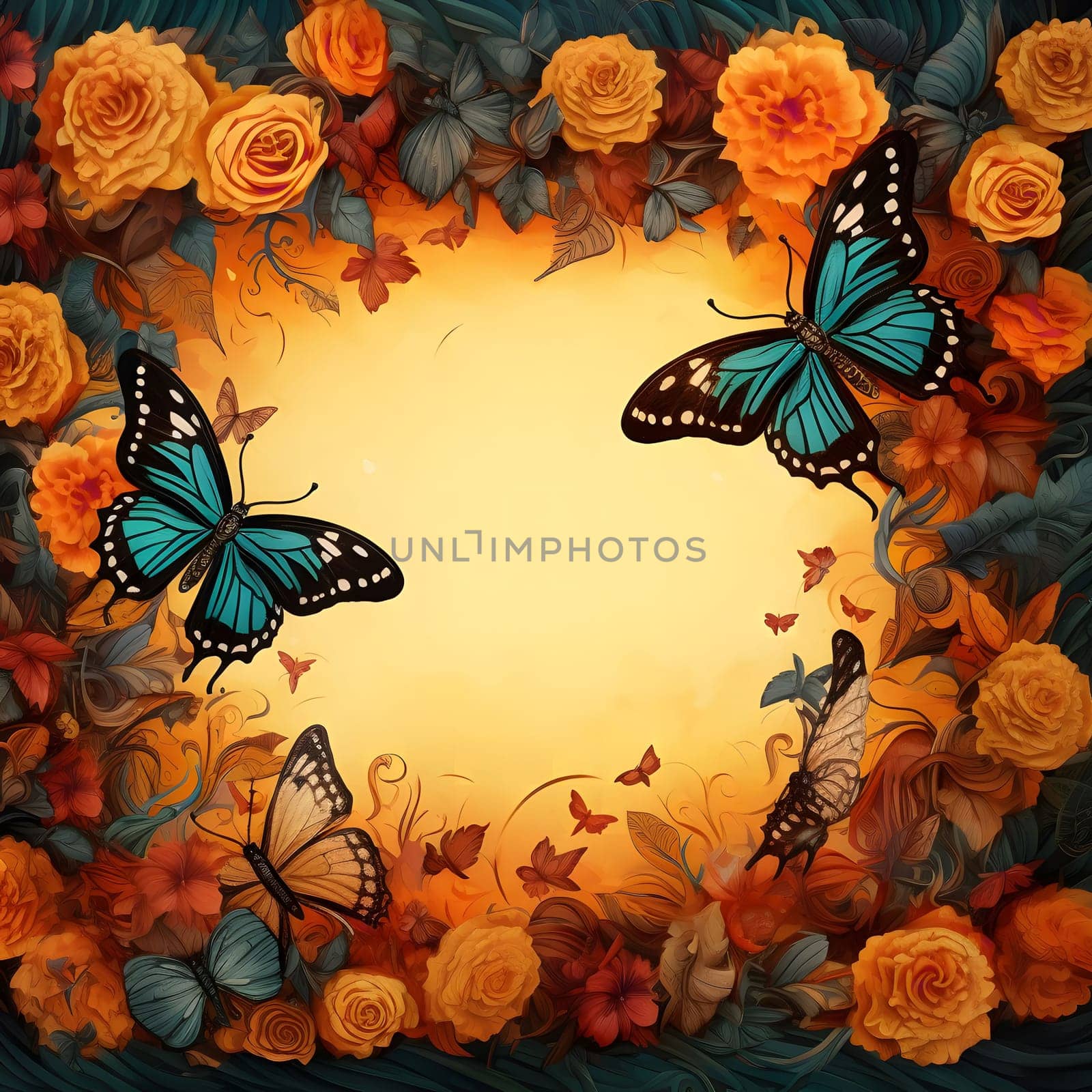 A colorful and enchanting illustration of butterflies flitting among vibrant flowers in a blooming garden.