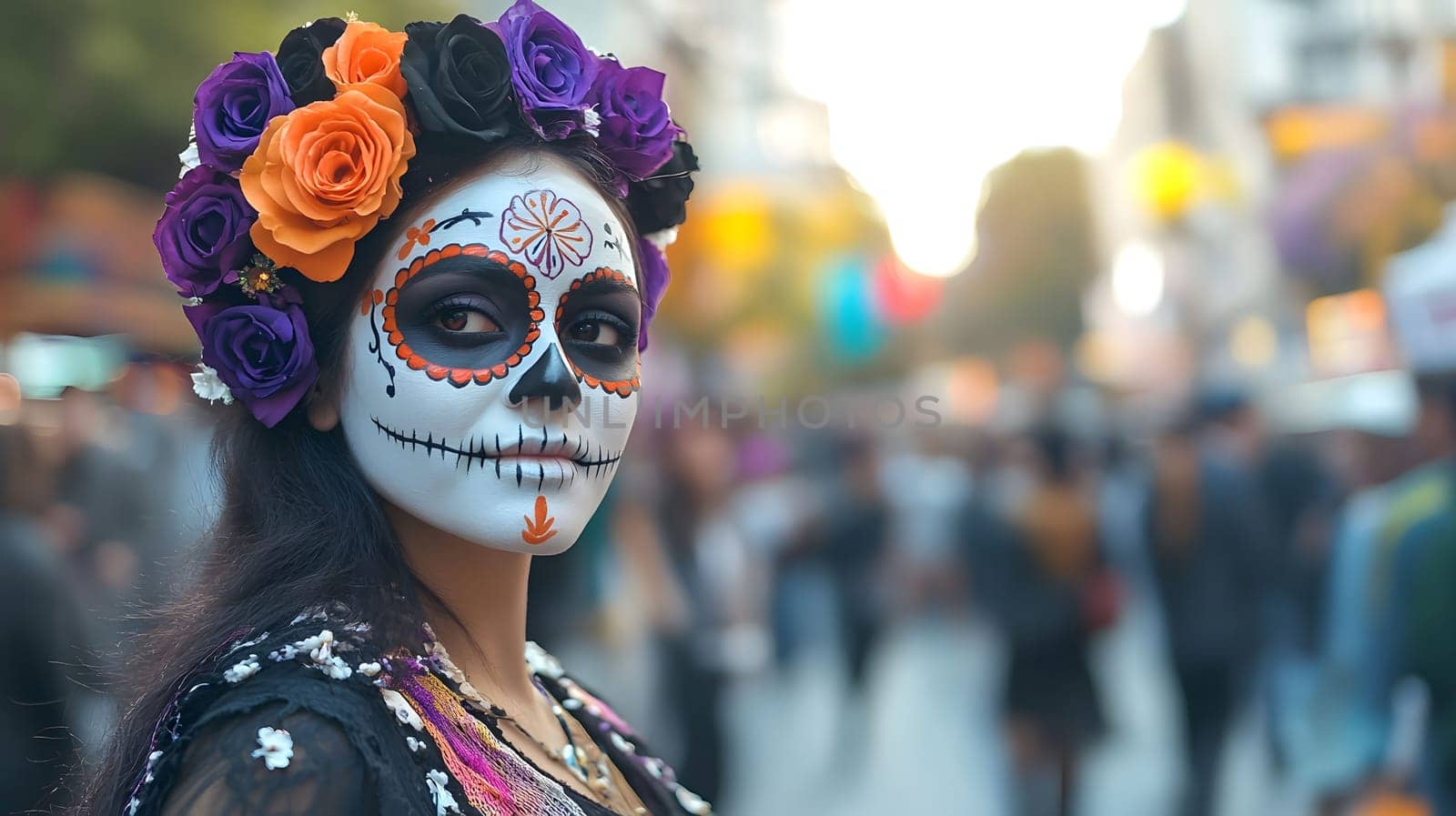 A woman with day of the dead makeup, looking at the camera in a busy street.