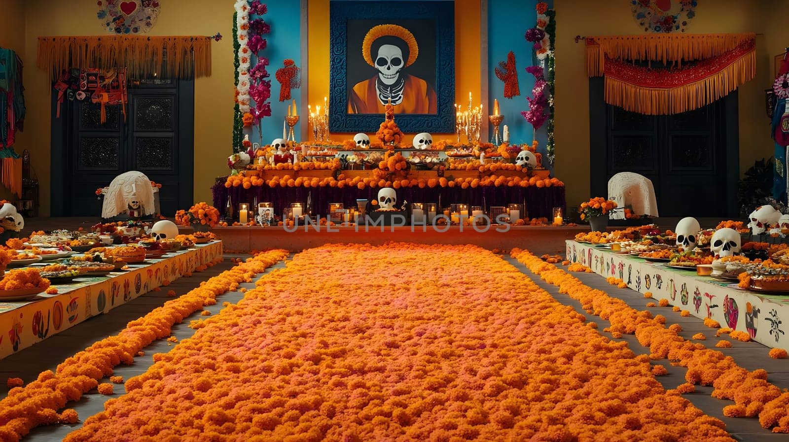 A beautiful Day of the Dead altar decorated with marigolds, candles, skulls, and food. The altar is set up in a room with a long path of marigolds leading up to it.