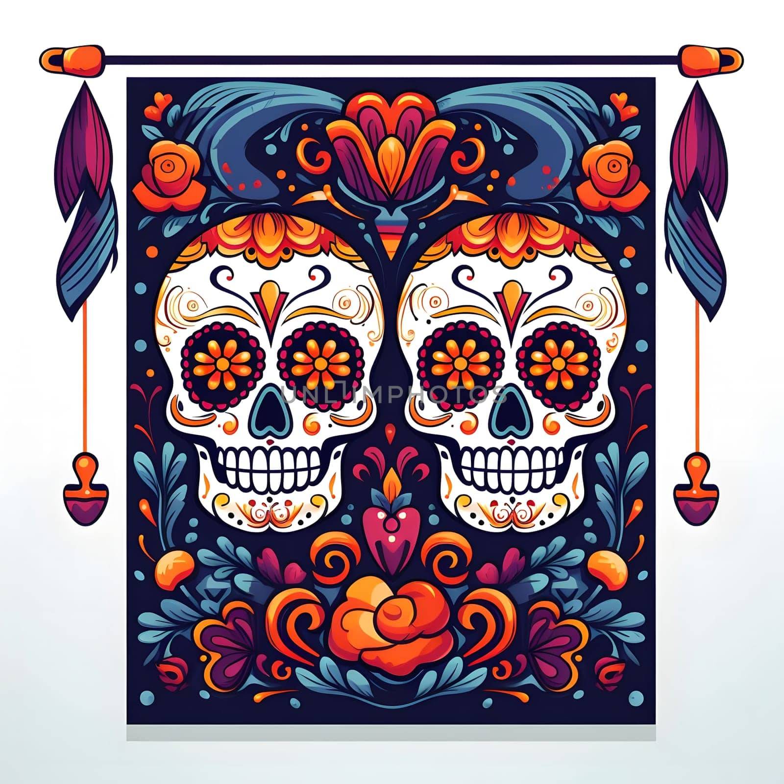 Colorful sugar skulls adorned with floral motifs. Traditional Day of the Dead decoration