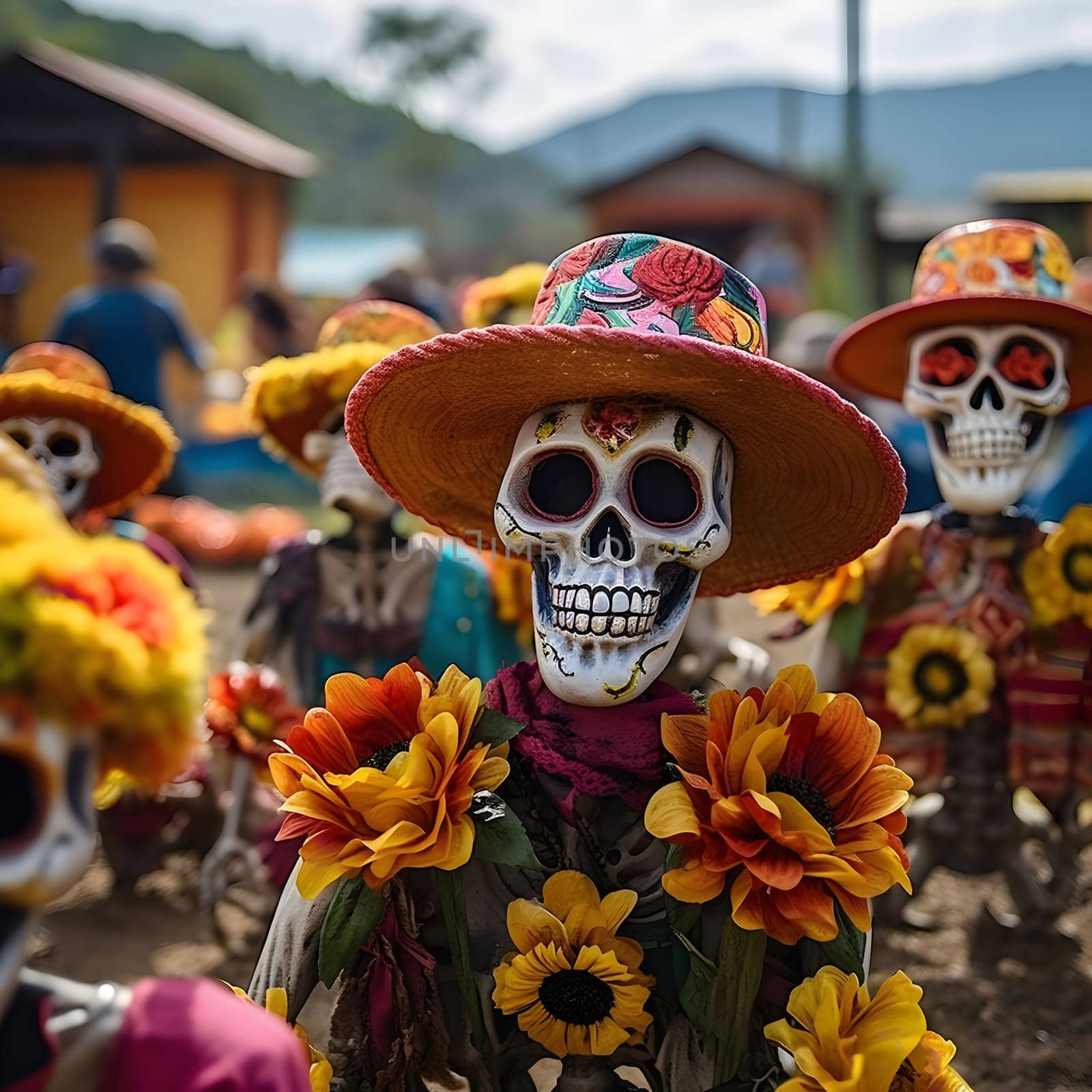 Close up shot of a Day of the Dead skull decorated with flowers, with a hat.