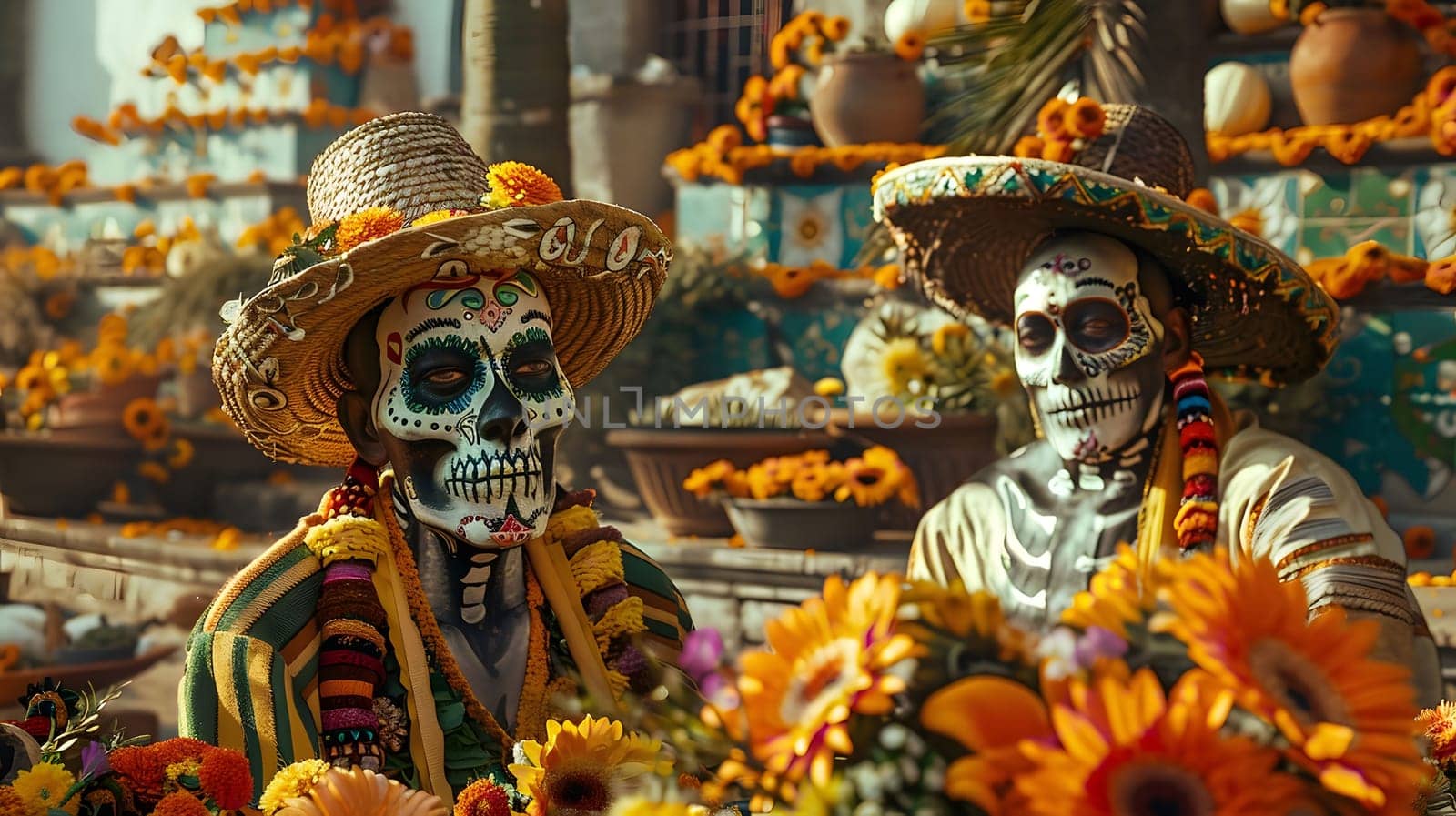 Two people dressed up in traditional Day of the Dead costumes, with elaborate skull makeup and vibrant clothing, stand in a colorful setting adorned with flowers and decorations.