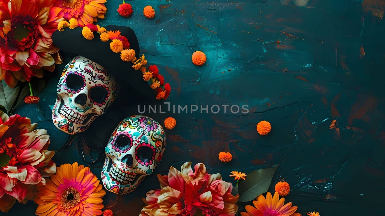 Two sugar skulls surrounded by orange, red, and yellow flowers on a teal background. The skulls are decorated with traditional patterns and designs.