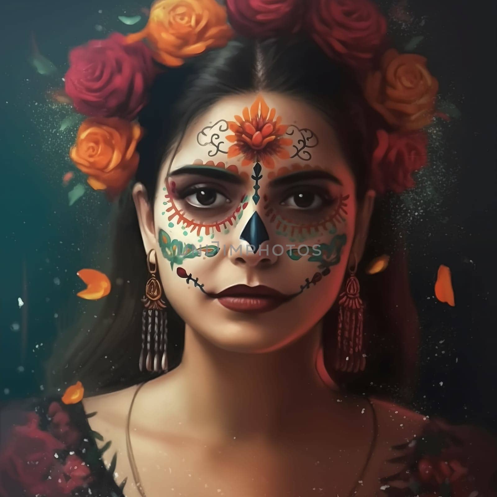 A beautiful portrait of a woman with a Day of the Dead inspired sugar skull makeup. Her eyes are captivating, and her expression is serene. The delicate flowers and jewelry add a touch of elegance to the image. This is a perfect representation of the celebration of life and death.