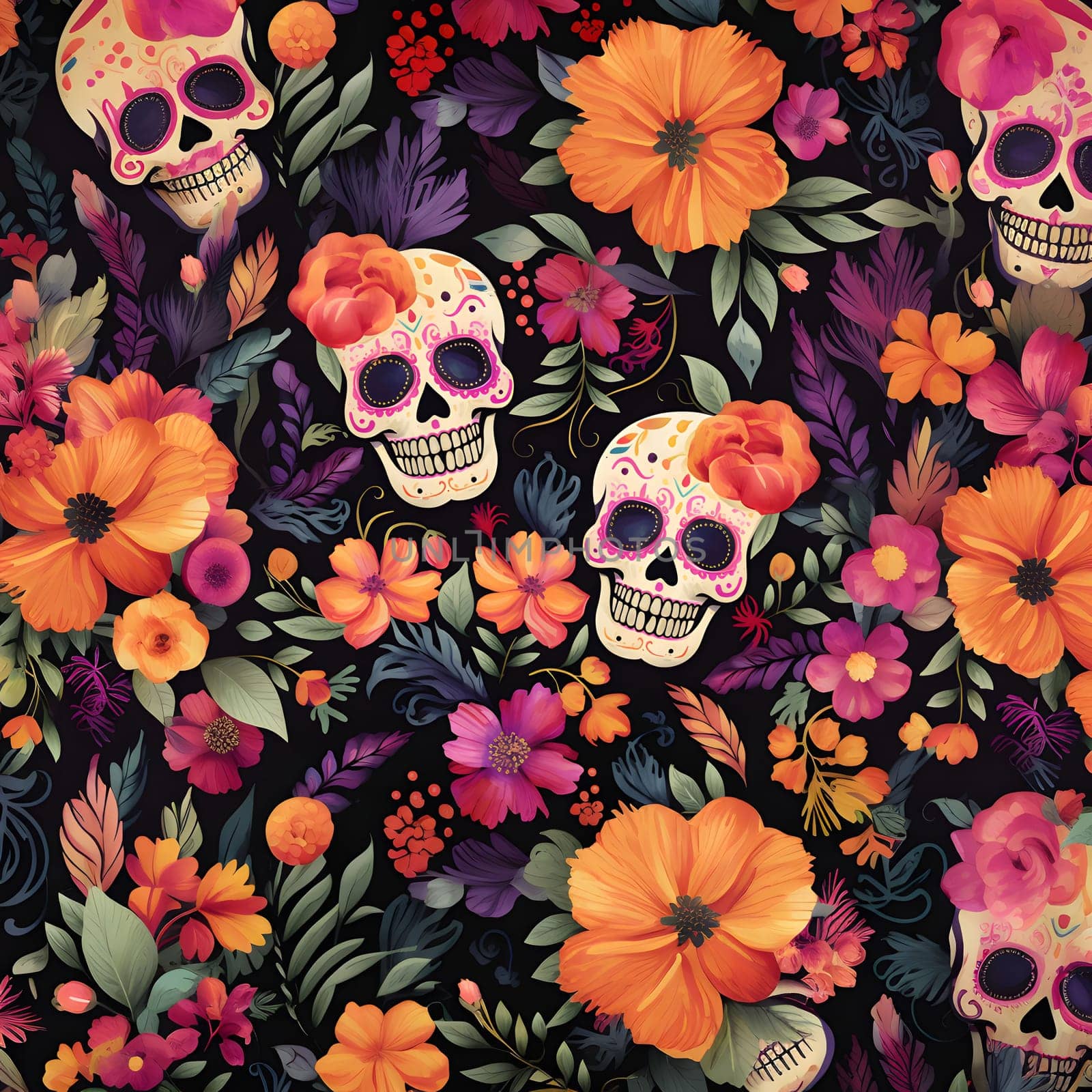 Colorful floral pattern with sugar skulls in a gothic and vintage style, perfect for decoration.